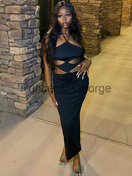 

party dresses halter cut out backless maxi dress women sleeveless high split black gothic party vestidos 2022 summer fairy grunge clothes x0, White;black