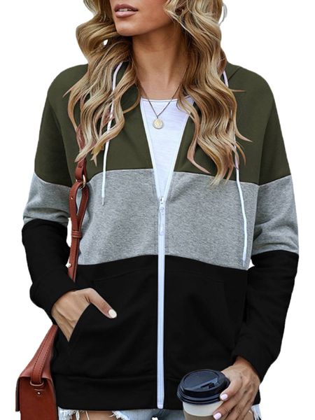 

women long sleeve solid hoodie zipper pocket cardigan sweatshirt for spring, Black