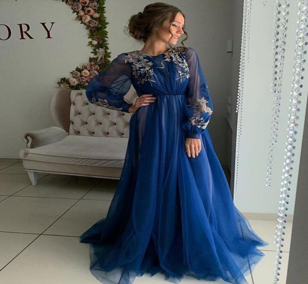 

blue appliqued long sleeves evening dresses jewel neck pleated arabic plus size prom gowns a line floor length tulle formal dress9162235, Black;red