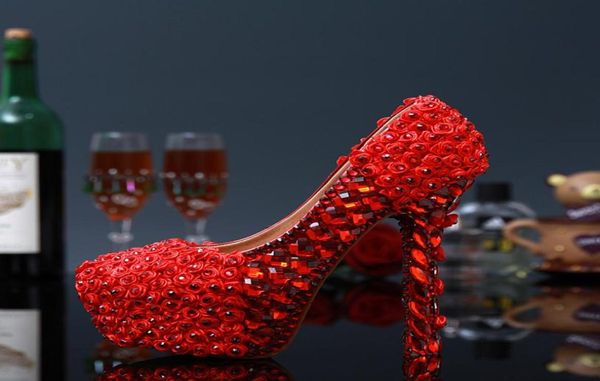 

white and red flower high heels bridal wedding dress shoes crystal ladies party proms woman beautiful round toe dress shoes7973165, Black