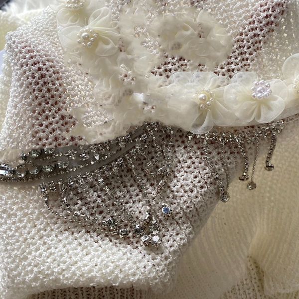 

23 summer new xiaoxiang c style work pendant beads with diamonds short sleeve knitted for women, White