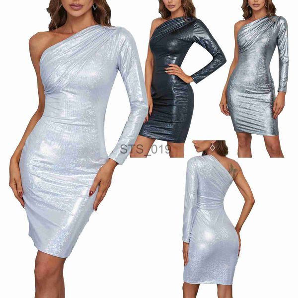 

briefs panties womens shiny dress nightclub costume ruched one shoulder bodycon dress fashion long sleeve cocktail dance party dresses clubw, Red;black