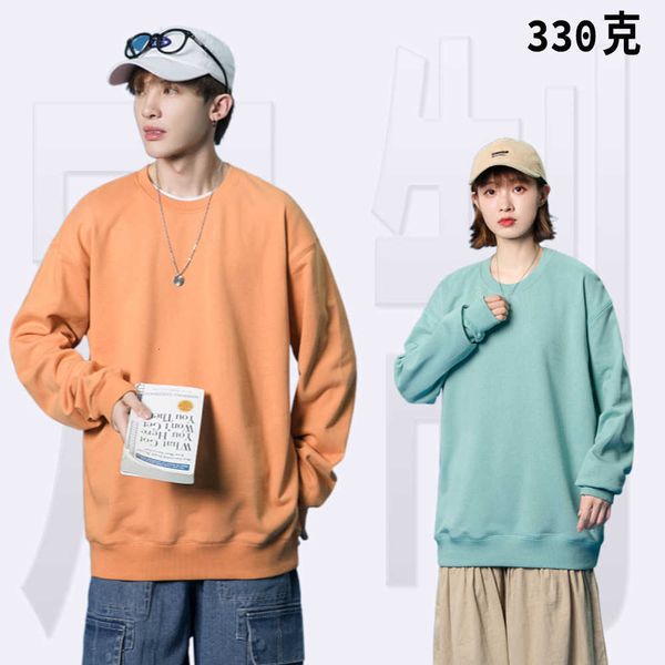 

330g round neck sweater for men's spring and autumn loose oversized winter pure cotton solid color terry couple pullover bottoming shir, Black
