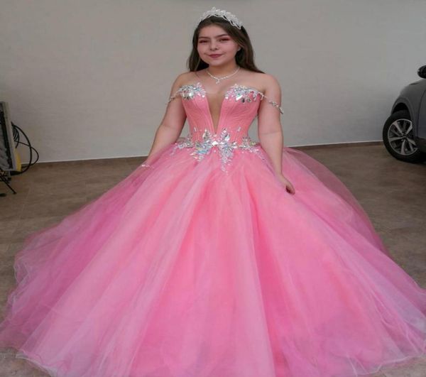 

pink 2021 msquerade ball gown quinceanera dresses ss with off the shoulder tulle prom sweet 16 dress birthday party attire9958180, Blue;red