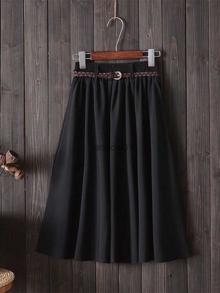 

midi knee length summer skirt women with belt 2023 fashion korean ladies high waist pleated aline school skirt female l230621, Black
