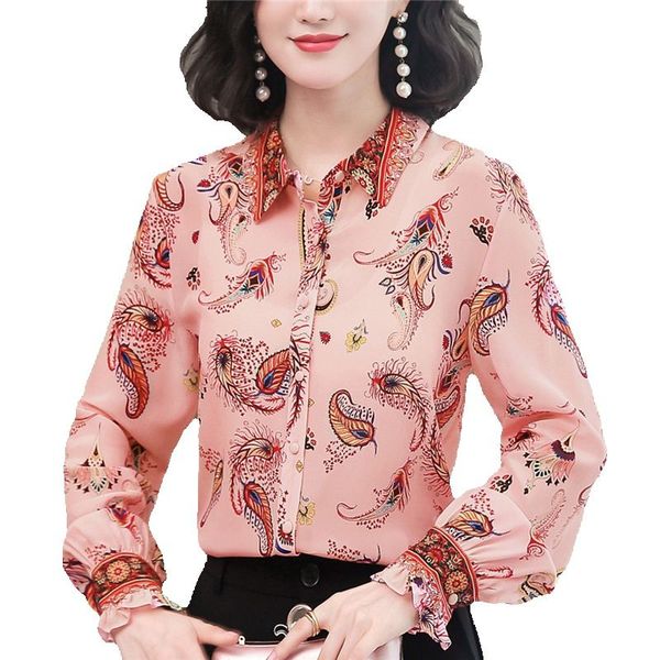 

2023 floral paisley silk women shirt designer fashion print back to school long sleeve blouses lapel button front utility shirts lady satin, White