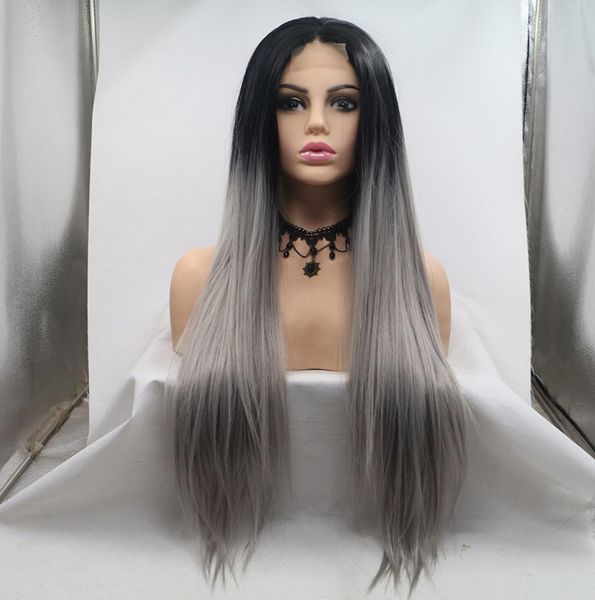 

aohai stock ombre gray 24 inches long straight heat resistent fiber synthetic lace front wigs machine made narrow lace natural hai8849905, Black