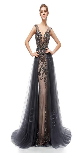 

mermaid prom dresses 2020 backless full beads and tulle overskirt vneck formal evening party gowns 54065883332, Black