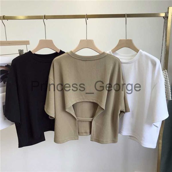

party dresses crop women o neck loose tshirts short sleeve solid color 2023 summer clothes y2k hollow out cotton backless oversize tees x062, White;black