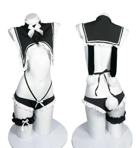 

cosplay wigs sweet cute bunny girl sailor collor lingerie set lolita bow lace short nightwear re zero rem cosplay maid uniform8234165, Black