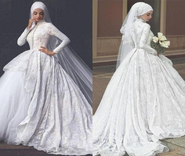 

vintage muslim wedding dresses high neck long sleeves appliques lace tulle ball gown bridal dresses church wedding chapel train3099994, White