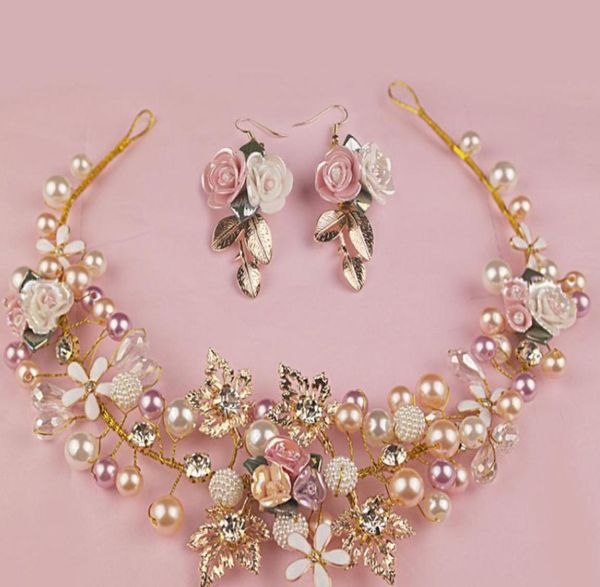 

children rhinestone pearl flower crown zinc alloy crystal petals wedding garlands jewelry with earrings big girls hair accessories8955202, Slivery;white