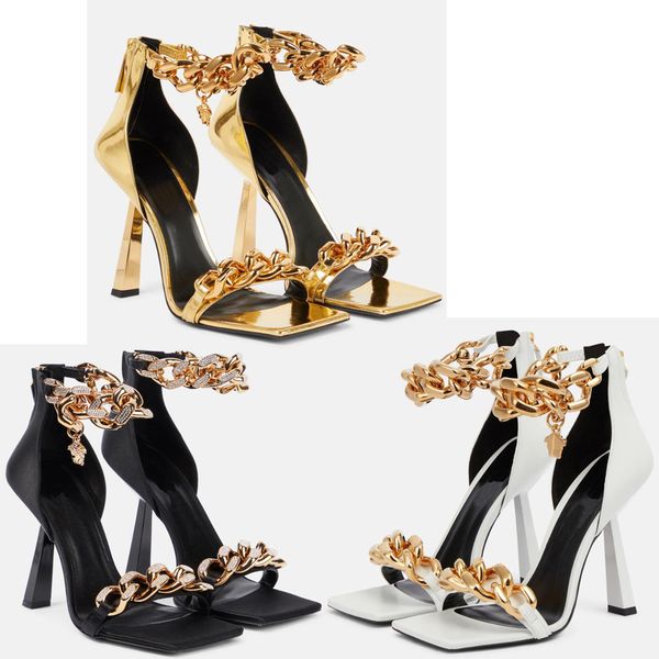 

modern brand women's sandals, patent leather satin high heels, crystal decorative chain, square toe open toe summer evening dress, wedd, Black