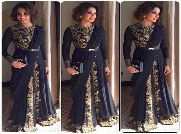 

plus size gold appliques muslim evening dresses long sleeve african formal party gowns black chiffon beaded dubai kaftan prom robe7150617, Black;red
