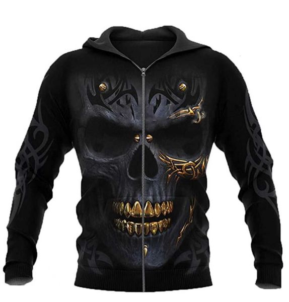 

men's sweater 3d gold tooth skull print zipper casual cardigan, Black