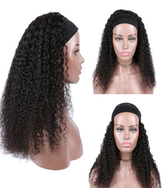 

kinky curly human hair headband wig for black women full brazilian remy glueless curly natural wigs with head band full non lace w2373048, Black;brown