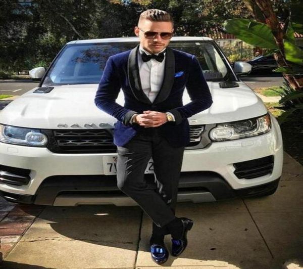 

one button dark blue velvet wedding groom tuxedos shawl lapel groomsmen mens dinner blazer suits jacketpantstie n6979268, Black;gray