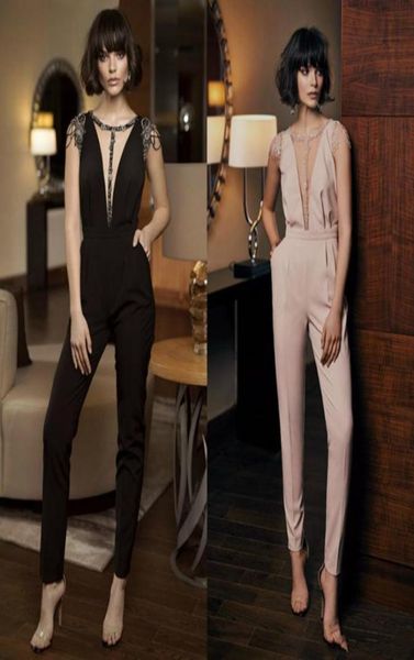 

2020 new beaded evening guest pants mordern illusion runway fashion cap sleeve pant suit ankle length jumpsuits with pockets 14944548418, Black;red