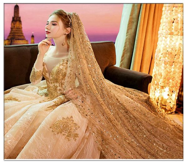 

luxury 2020 champagne gold 35 meters long wedding veil sequin bridal veils one layer cut edge sparkling veil with comb3170084, Black