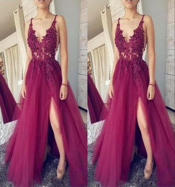 

2020 new dark fuchsia deep v neck prom dresses lace tulle split formal evening dresses long party gowns 7173991944, Black