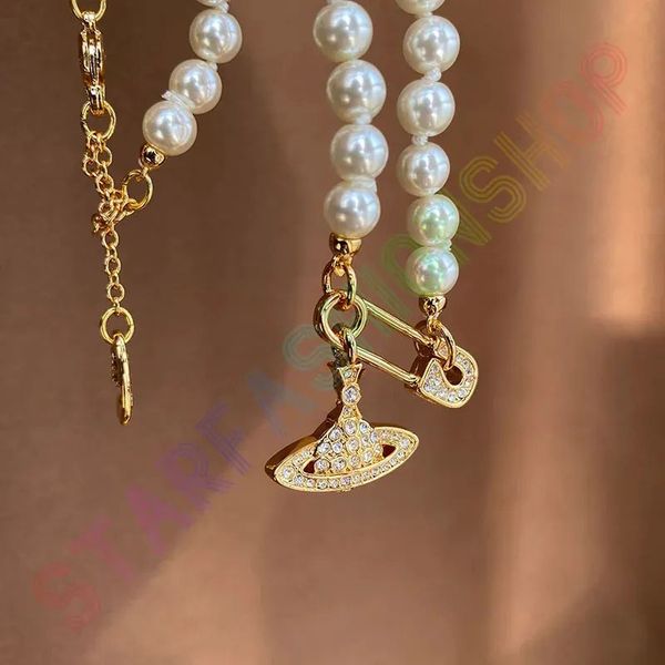 

saturn curved pin necklacepearl beaded diamond tennis necklace woman silver chains vintage trendy style desigenr trend 3232