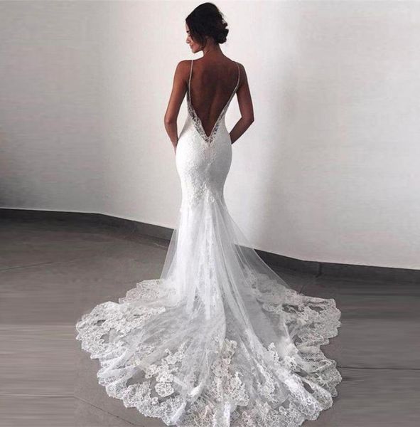 

charming white mermaid lace open back bridal wedding gowns spaghetti straps appliqued wedding dresses for bride 20222594939