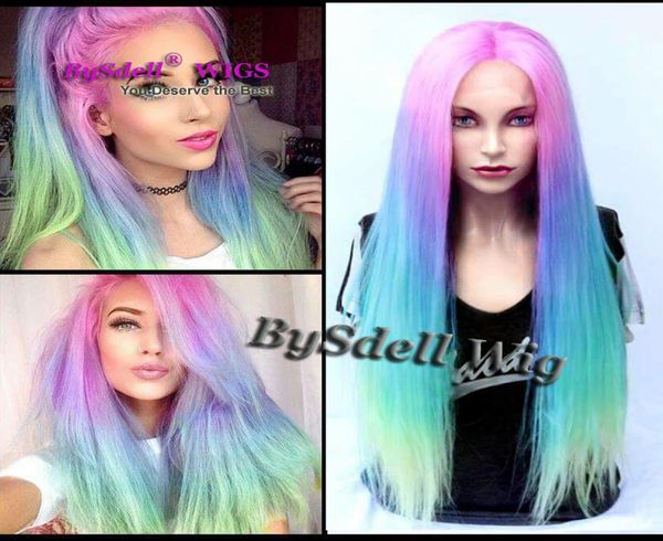 

premium beauty lady pastel pink blue purple green colorful rainbow hair front lace wig synthetic anime cosplay lace front wig8430851, Black