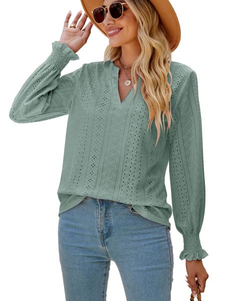 

women ruffle long sleeve solid hollow out pleated t shirt, White