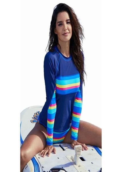 

plus size two piece uv colorblock geometric rainbow stripes long sleeve surfing swimsuit quick dry beachwear with briefs1641400