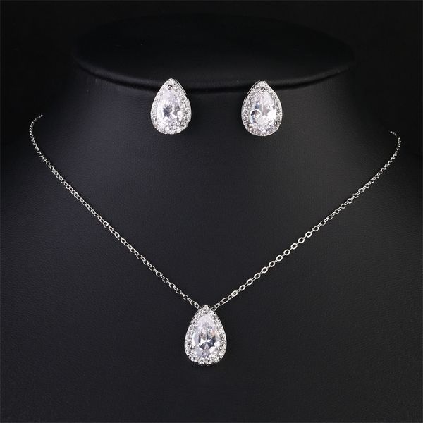 

wedding jewelry sets uilz fashion water drop cubic zirconia for women shiny micro pave cystal stud earrings necklace set bride 230627, Slivery;golden