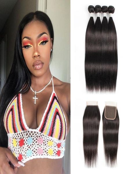 

brazilian straight human hair bundles with closure remy hair extensions natural color 3 or 4 bundles with 4x4 closure 1028 inch w6202315, Black;brown