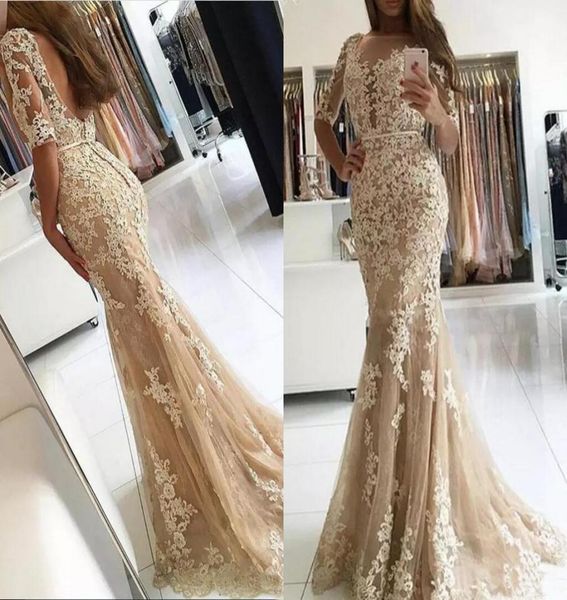 

champagne lace applique sheath evening dresses with sheer half sleeve formal party gowns backless prom dresses long for bridal gue7451666, Black;red