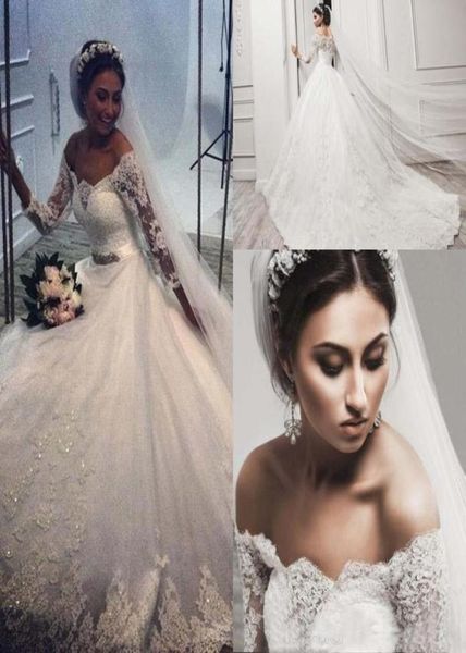 

2017 winter arabic lace wedding dresses ball gown sheer off the shoulder illusion sleeves beaded appliques tulle bridal gowns with3075049, White