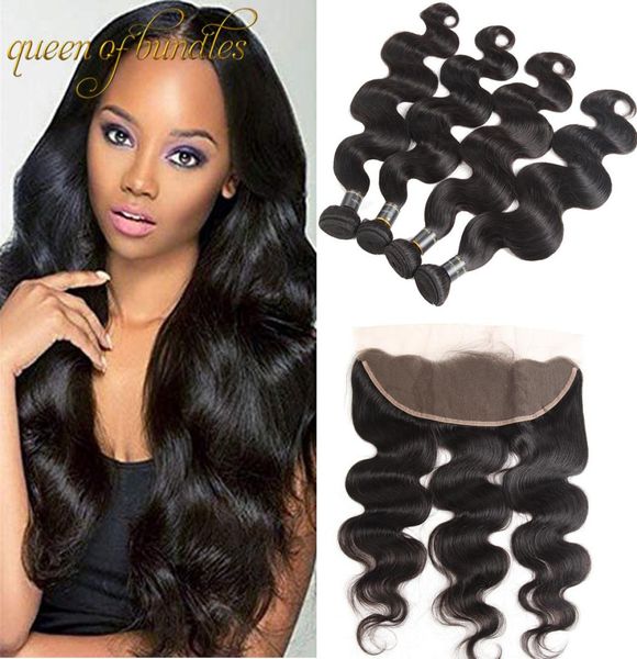 

brazilian virgin hair body wave with lace frontal closure 9a human hair weaves 3 bundles with 13x4 ear to ear lace frontal closure7115565, Black;brown