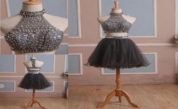 

2019 silver gray two pieces prom dresses high neck beaded cut out waist homecoming dress crystal rhinestones short party gown 4083926, Black