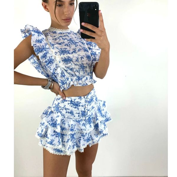 

two piece dress sunday set elastic waistband cropped with ruffle detail and cute mini shorts skirts 230629, White