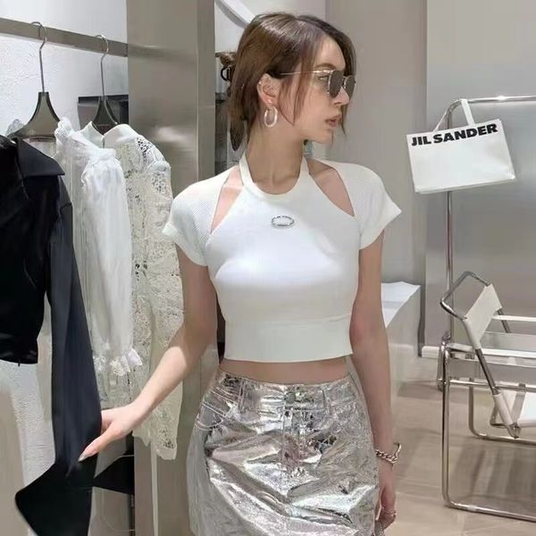 

hollow short knit sense small female spring/summer 2023 new spice girls halter short sleeve t-shirt, White