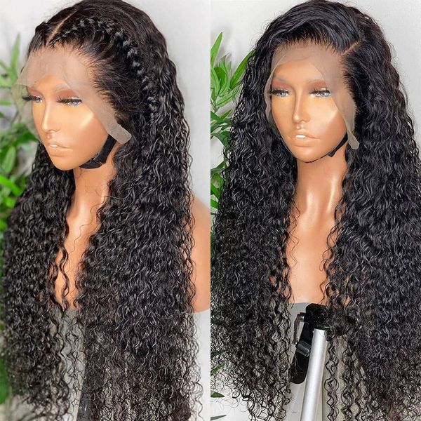 

28inch 13x4 deep wave lace front wig human hair brazilian remy water curly transparent lace frontal wigs for women, Black;brown