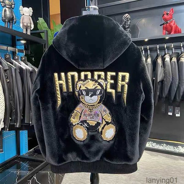 

designer tech jackets winter mink plush jacket men women thick warm hooded coats fashion couple cashmere coat little bear gold stamping outw, Black