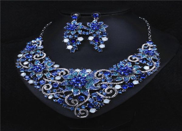 

shinning blue colors flower jewelry 2 pieces sets necklace earrings bridal jewelry bridal accessories wedding jewelry t2212762482093, White