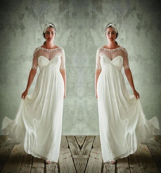 

2020 new plus size wedding dresses with half sleeves sheer jewel neck a line lace appliqued bridal gowns chiffon empire waist wedd3888706, White