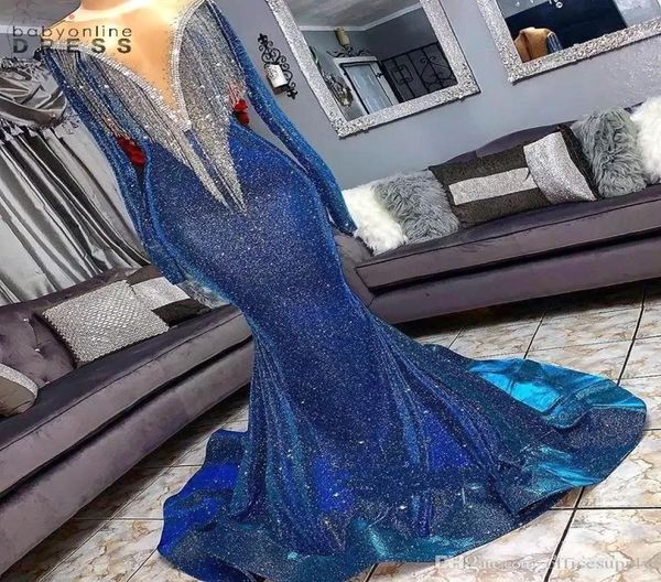 

royal blue sequined prom party dresses with shining tassels long sleeevs mermaid evening gowns formal dress custom made5055916, Black