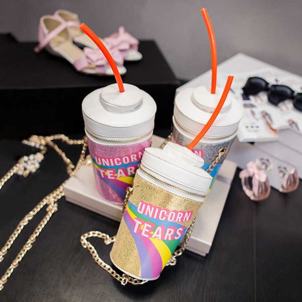 

new women's bag rainbow sequins phantom straw cola bottle beverage bag water bucket bag crossbody bag