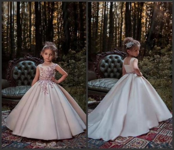 

blush pink princess flower girl dresses 2018 new lace applique beads sleeveless long sweep train satin girls pageant gowns formal 8733554, White;red