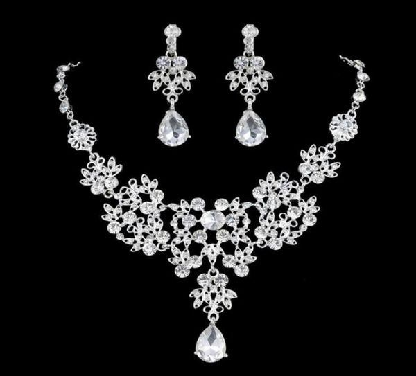 

luxury flower rhinestones bridal jewelry sets 4 colors crystals wedding necklaces and earrings for bride prom evening party access5992827, White