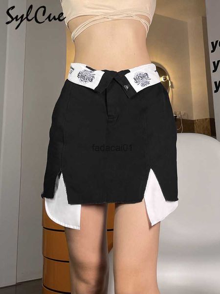 

sylcue stitching classic design trend allmatch cool summer playful vitality personality women's tight bag hip skirt l230621, Black