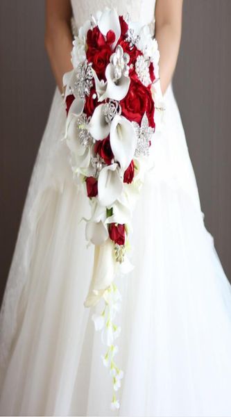 

waterfall wedding flowers bridal bouquets de mariage red rose white calla lilies with artificial pearls and rhinestone decoration 7383201
