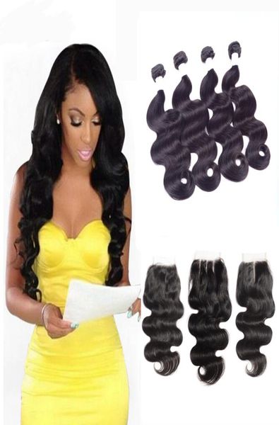 

brazilian body wave hair weaves 3 bundles with lace closures middle 3 part double weft human hair extensions dyeable 80gpc n8712948, Black