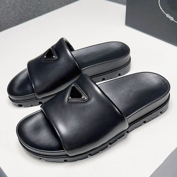 

padded nappa leather slides designer mens sandals triangle signature flat bottom leather casual shoes rubber sole casual beach holiday slipp, Black