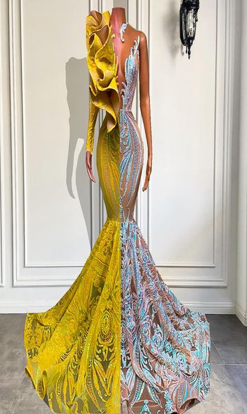 

aso ebi glitter sequined mermaid prom dresses ruffles one sleeve long evening gowns african black girls special occasion dress pag4505716